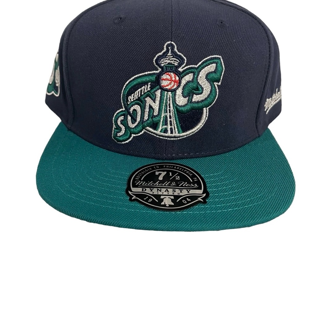 Seattle Sonics Mitchell & Ness NBA Navy HWC Fitted Hat Cap Grey UV Size 7 5/8
